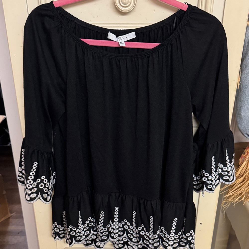 Fever Black Tunic with White Embroidered Ruffle